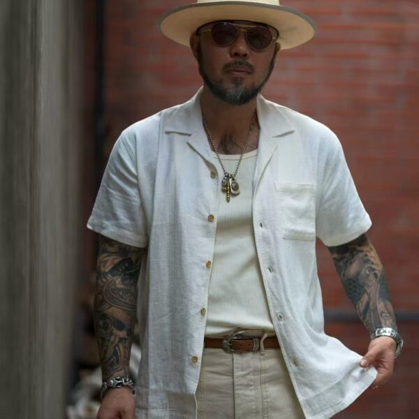 TRADBAND 2025 Spring/Summer Linen Cuban Collar Shirt, Elegant White and Jungle Brown