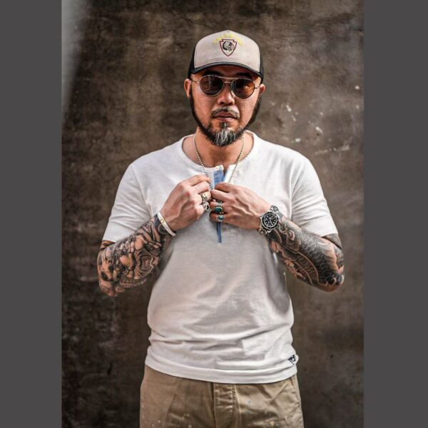 TRADBAND Bamboo Embroidered Logo Henry Black and White Double Color TEE Summer