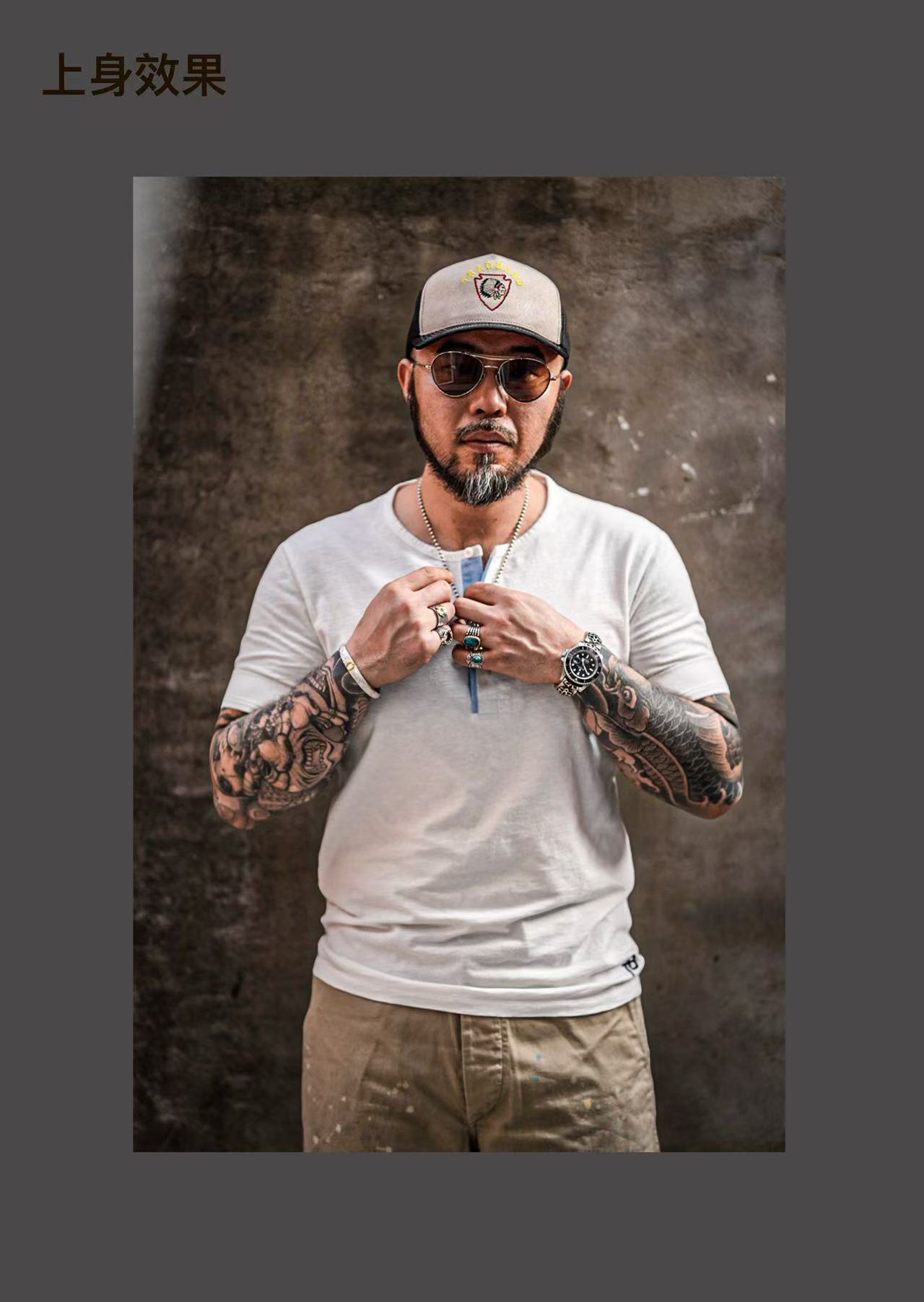 TRADBAND Bamboo Embroidered Logo Henry Black and White Double Color TEE Summer