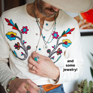 TRADBAND Limited edition western musicians embroidered 3 color henley shirt vintage long sleeve denim knit - Khaki
