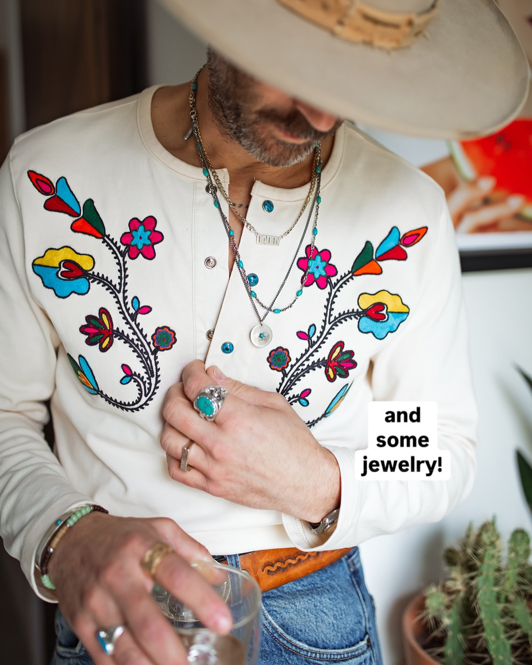 TRADBAND Limited edition western musicians embroidered 3 color henley shirt vintage long sleeve denim knit