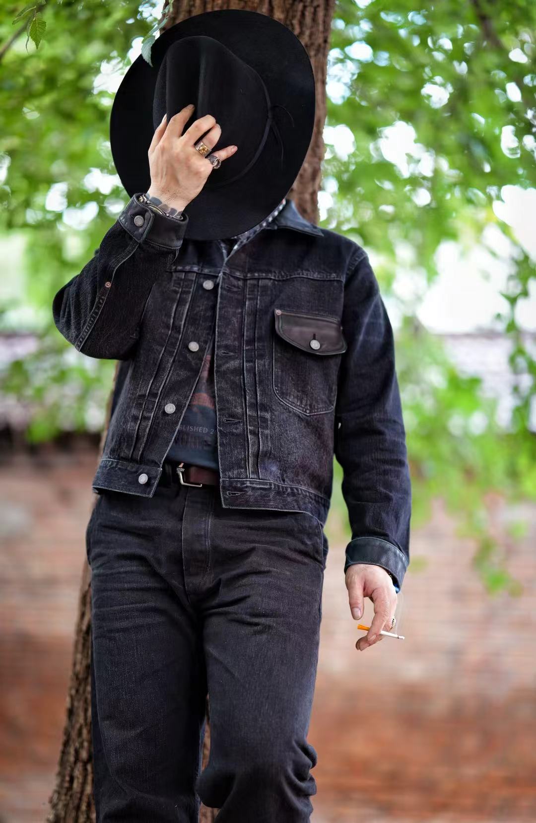 TRAD BAND 506 black denim and deerskin jacket