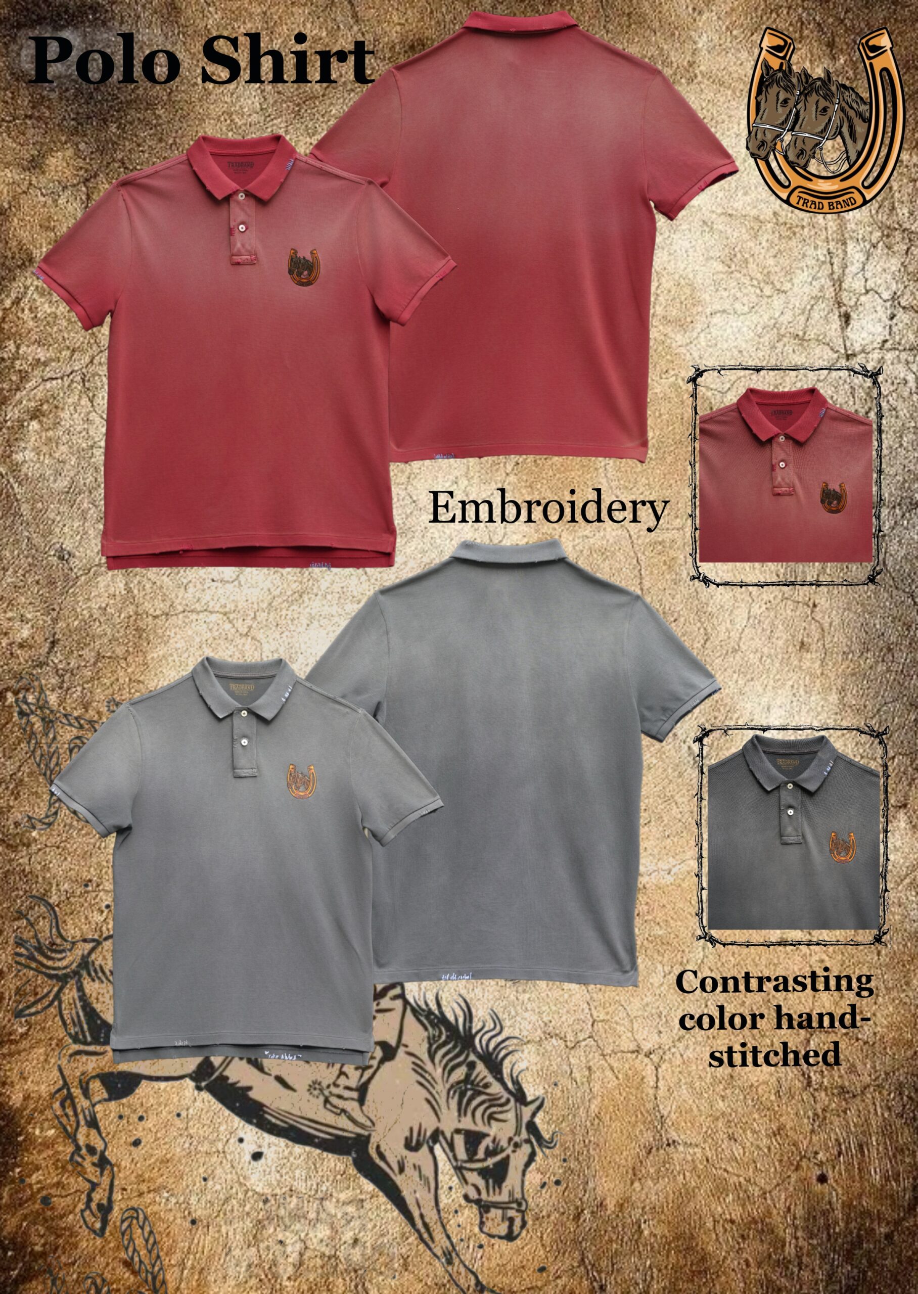 TRAD BAND26 new year of the horse limited embroidered short-sleeved Polo shirt, washed two-colour, hand needle grinding to make old - Image 2