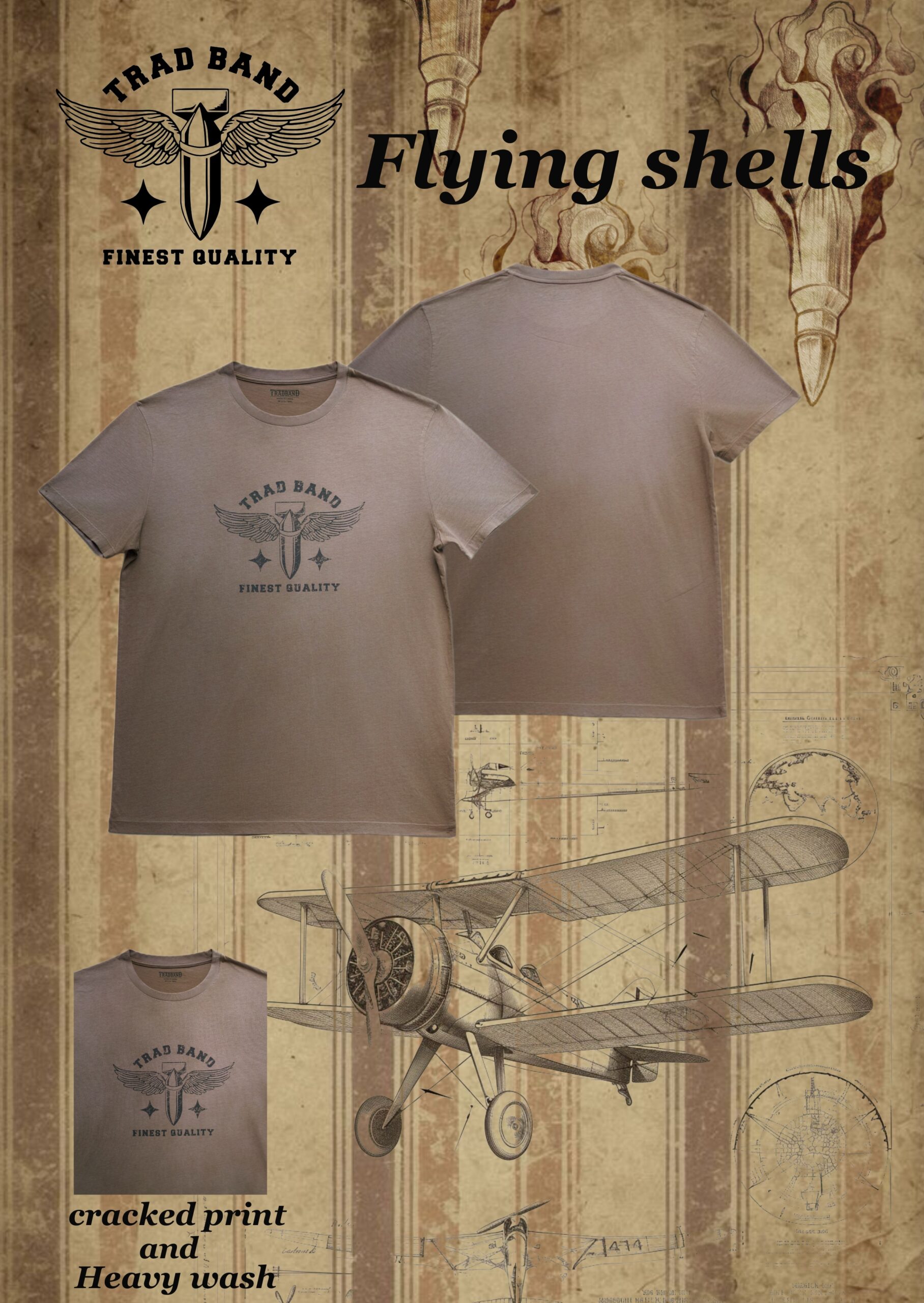 TRADBAND26 New T-shirt, Military Flying Wing Shell Series: Washed Brown