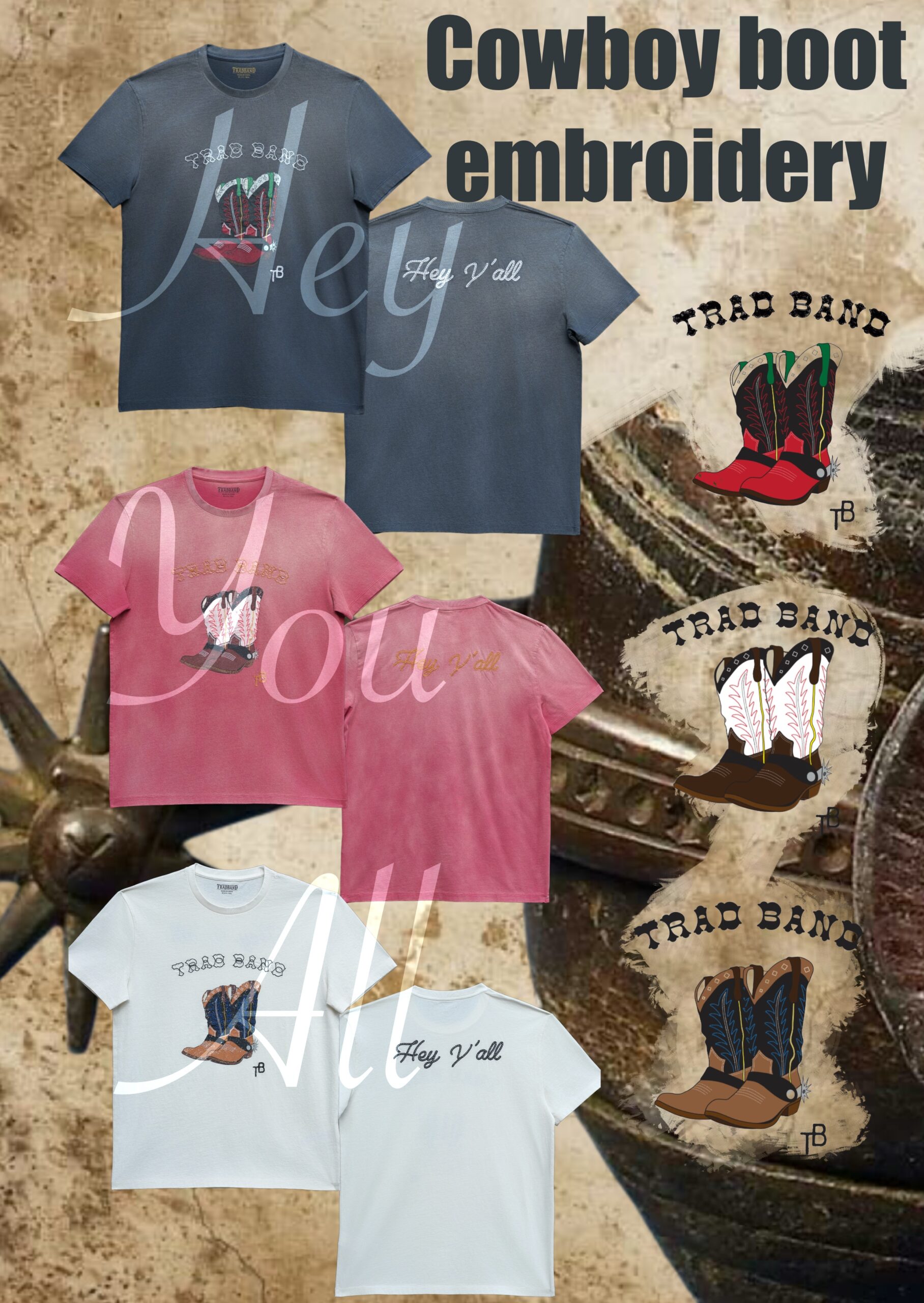 TRADBAND26 new T-shirt, embroidered denim boots series: washed red, washed black, washed white