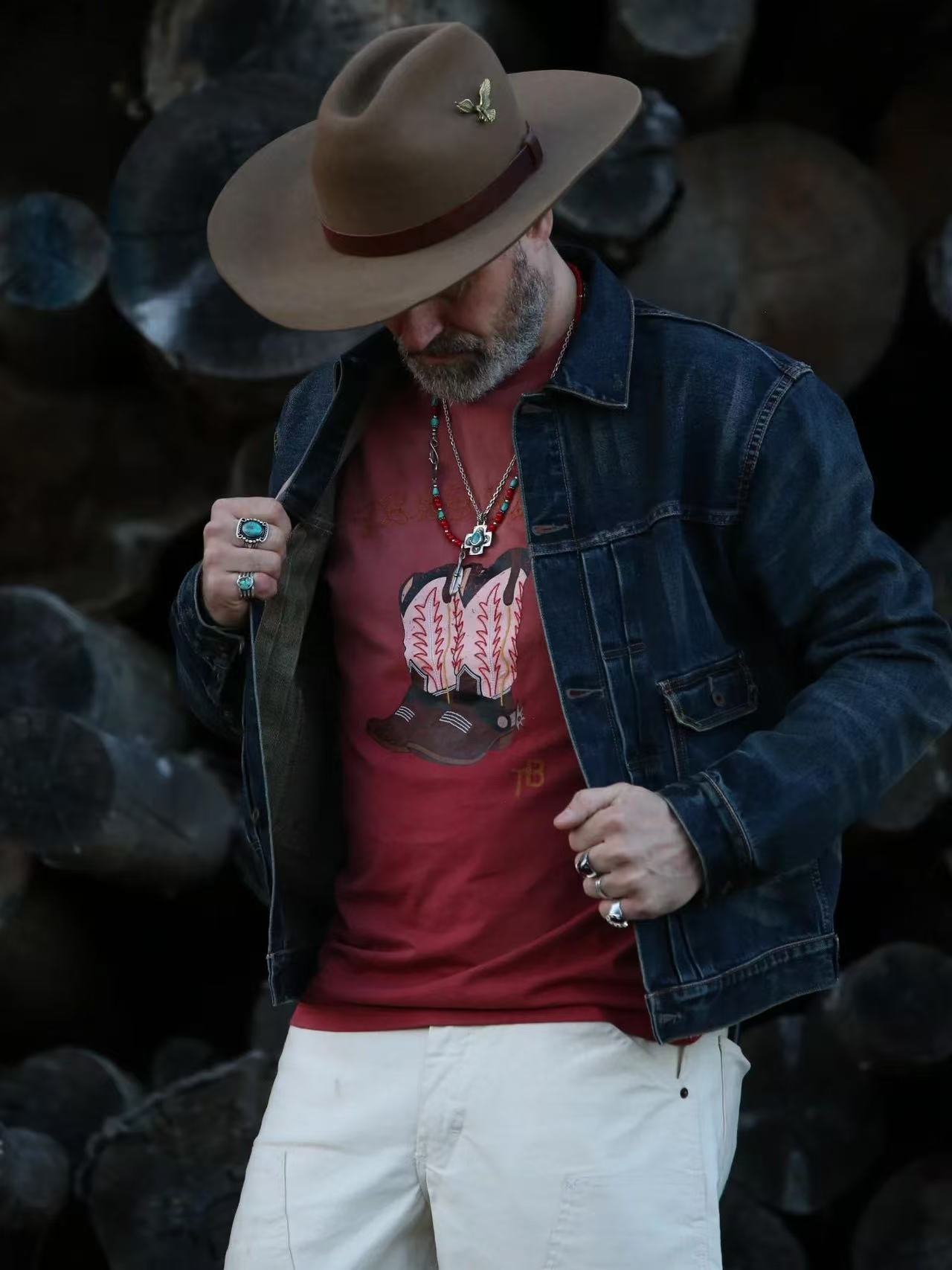 TRADBAND26 new T-shirt, embroidered denim boots series: washed red, washed black, washed white - Image 3